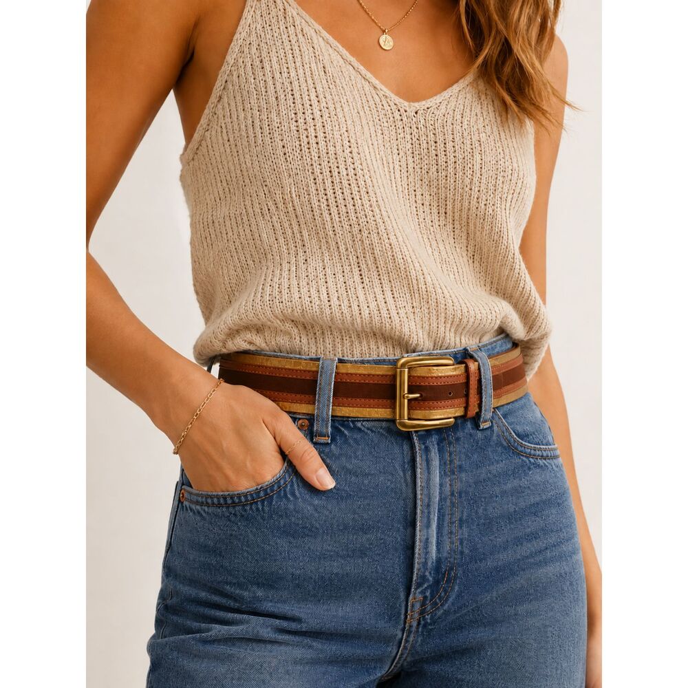 MICHAEL Michael Kors XL Genuine Leather Belt Brown Gold Metallic Wide 552821